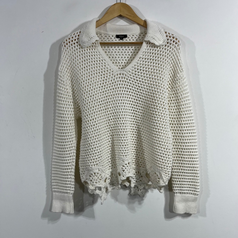 Rails Cottagecore Boho Chic Cotton Open Knit Crochet Polo Sweater Medium Preppy